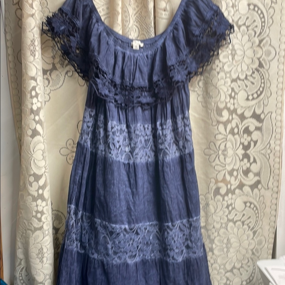 Cato Elegant Blue Off-Shoulder Dress with Lace